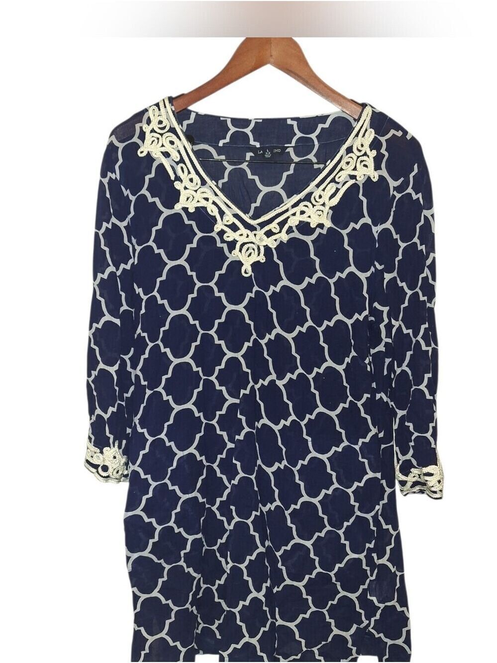 Lands End Blue Tunic Blouse White Accents Large